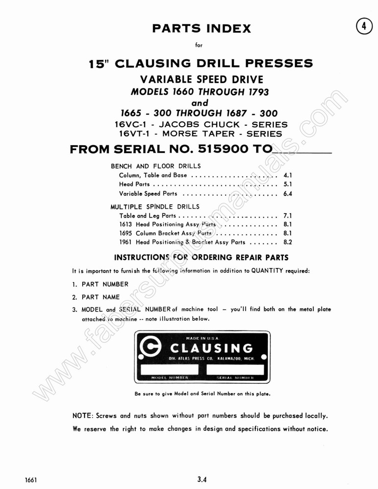 Clausing 15" Drill Press Vari- Speed Operating Instructions & Parts Manual *830