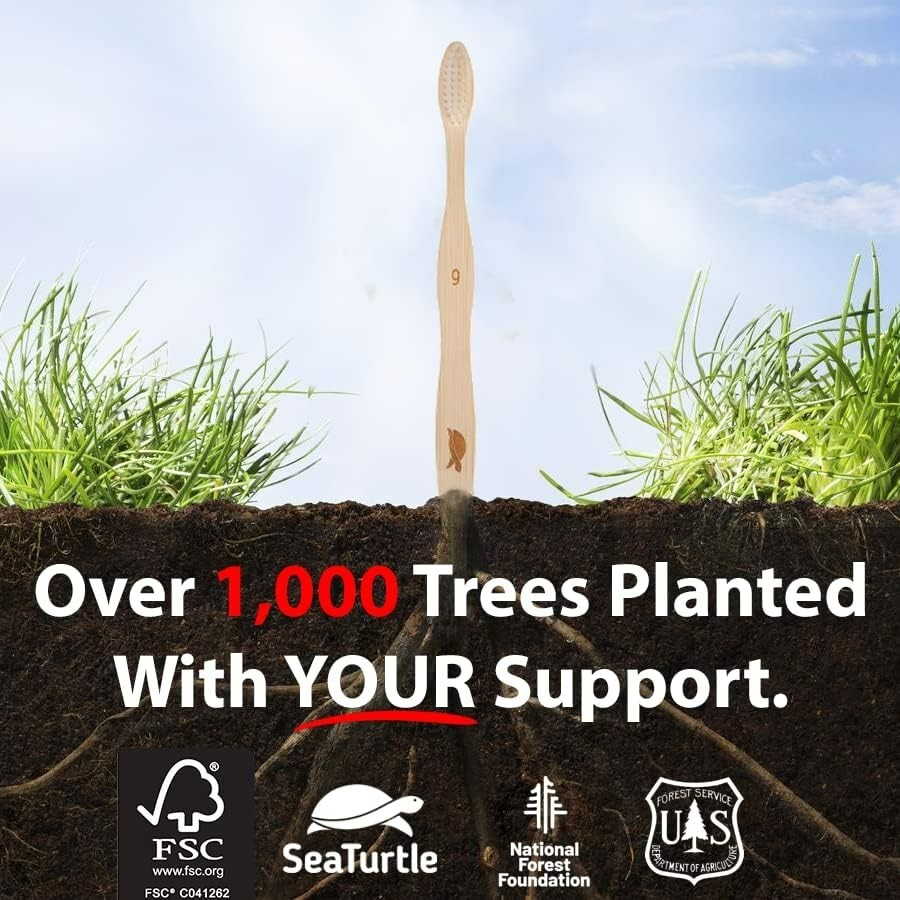 SeaTurtle Plant-Based Bristles Bamboo Toothbrush - Pack of 4 - Soft Natural