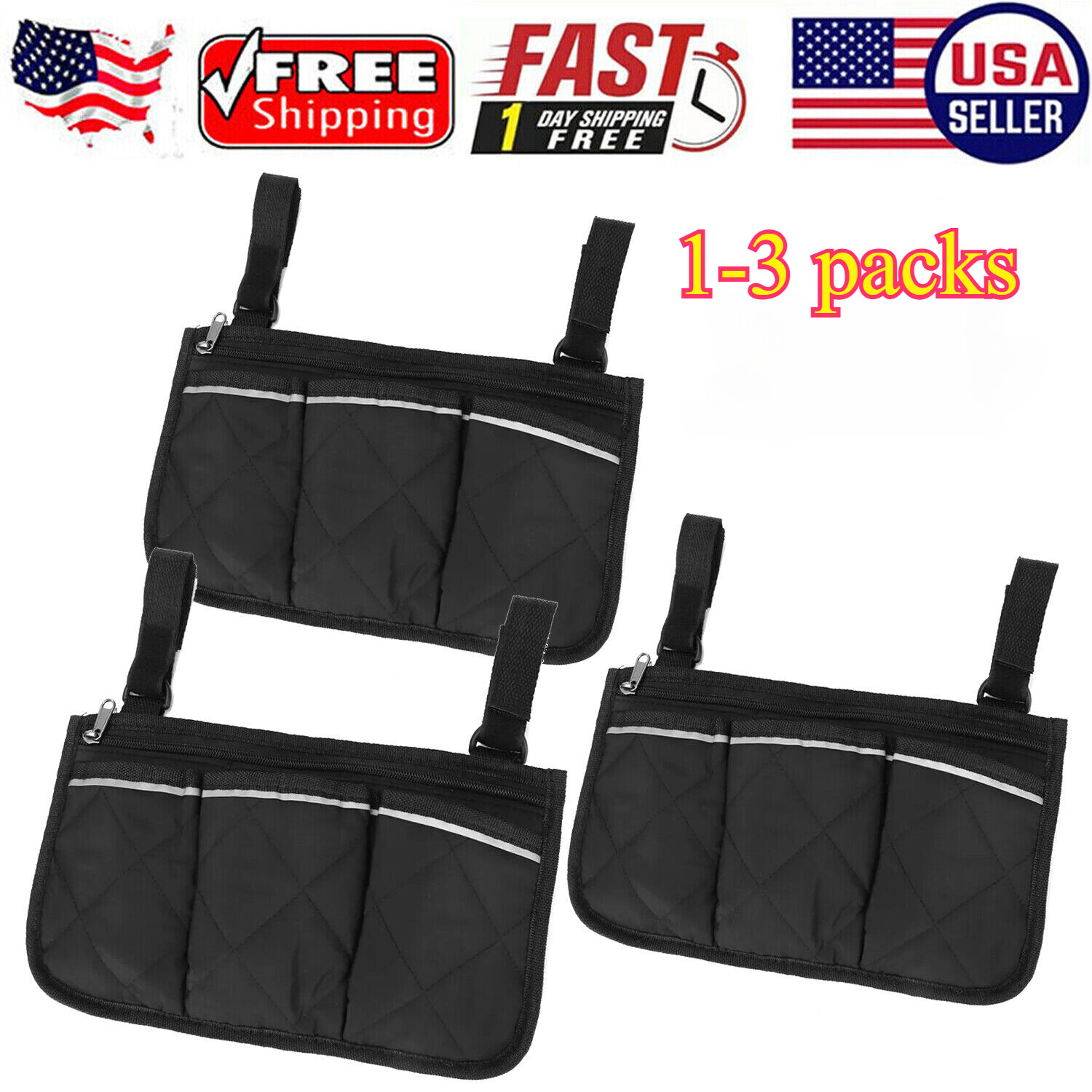 1-3X Wheelchair Side Pouch Storage Bag Armrest Pocket Organizer Holder Pocket US