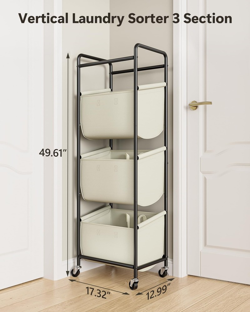 Moforoco Vertical Laundry Sorter 3 Section with Removable With Wheel, Beige