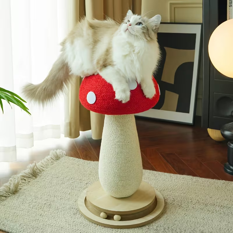 Cat Scratching Post - Red Mushroom with Interactive Turntable & Sisal Surface