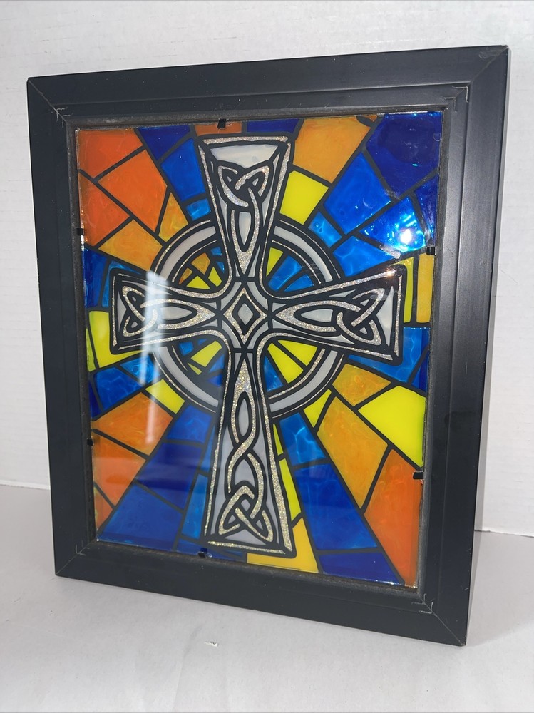 Celtic Cross Stained Glass Window Panel Rectangular Mid-Century Framed 10x12”
