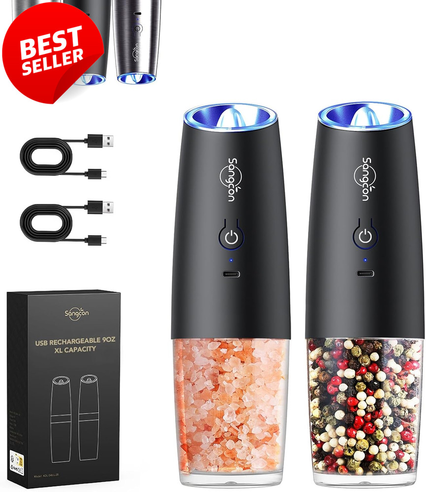 Rechargeable Gravity Salt & Pepper Grinder Set USB-C LED Adjustable Mill - US