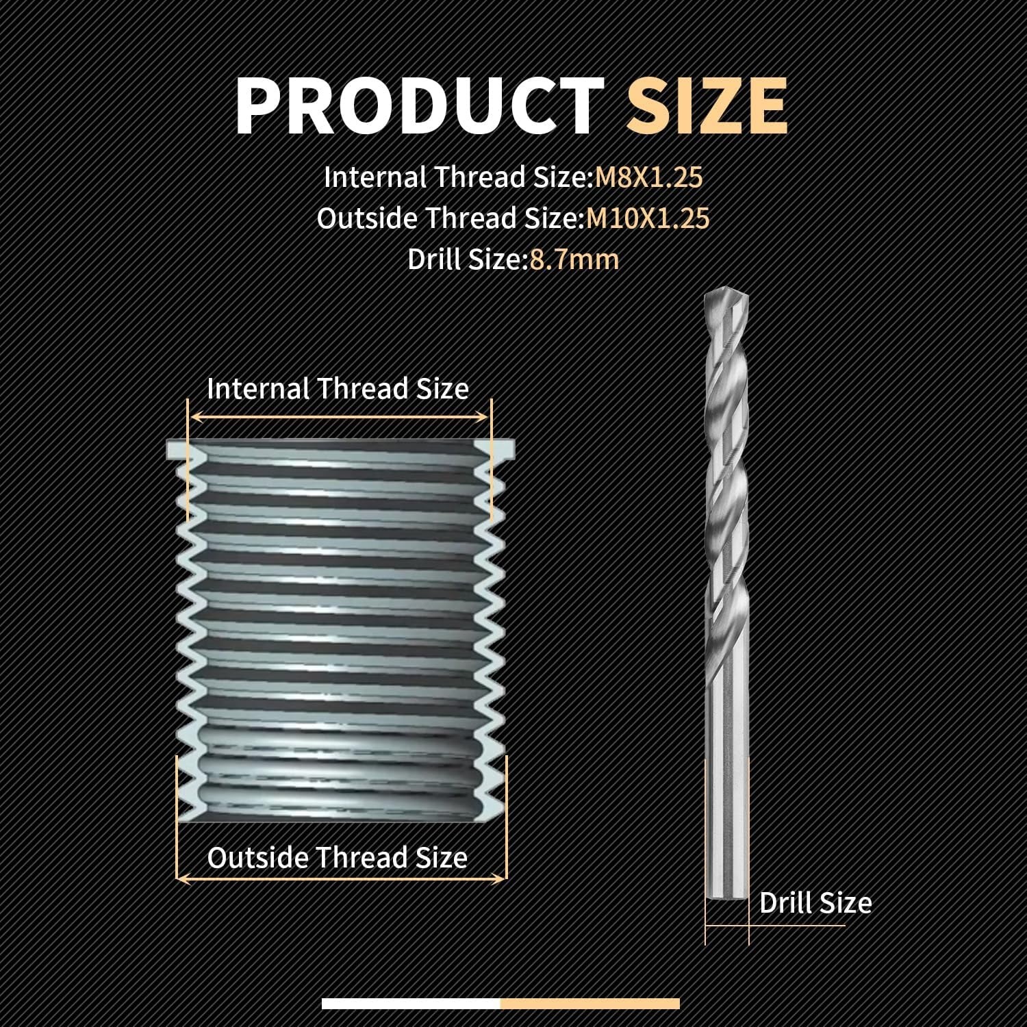 M8x1.25x11.7mmx10pcs Thread Repair Kit with 9.4mm Insert HSS Drill, Tap,