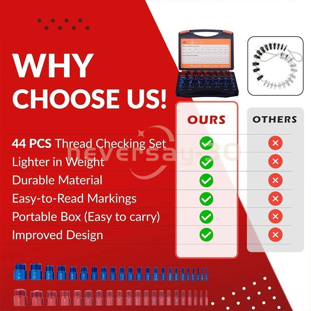 44pcs Screw Bolt Nut Thread Measure Gauge Size Checker Set (23 Inch & 21 Metric)