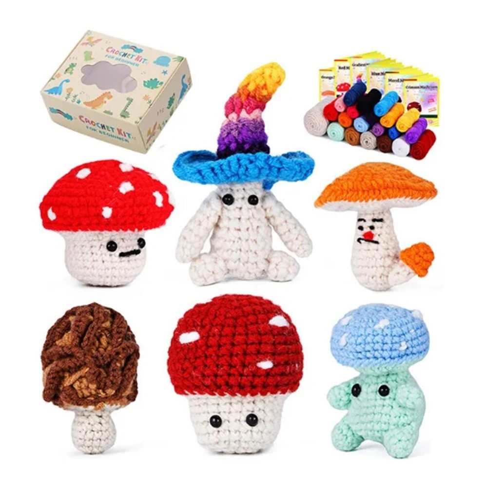 6 -Pack Colorful Mushroom Beginner Crochet Kit – DIY Craft with Video Tutorials