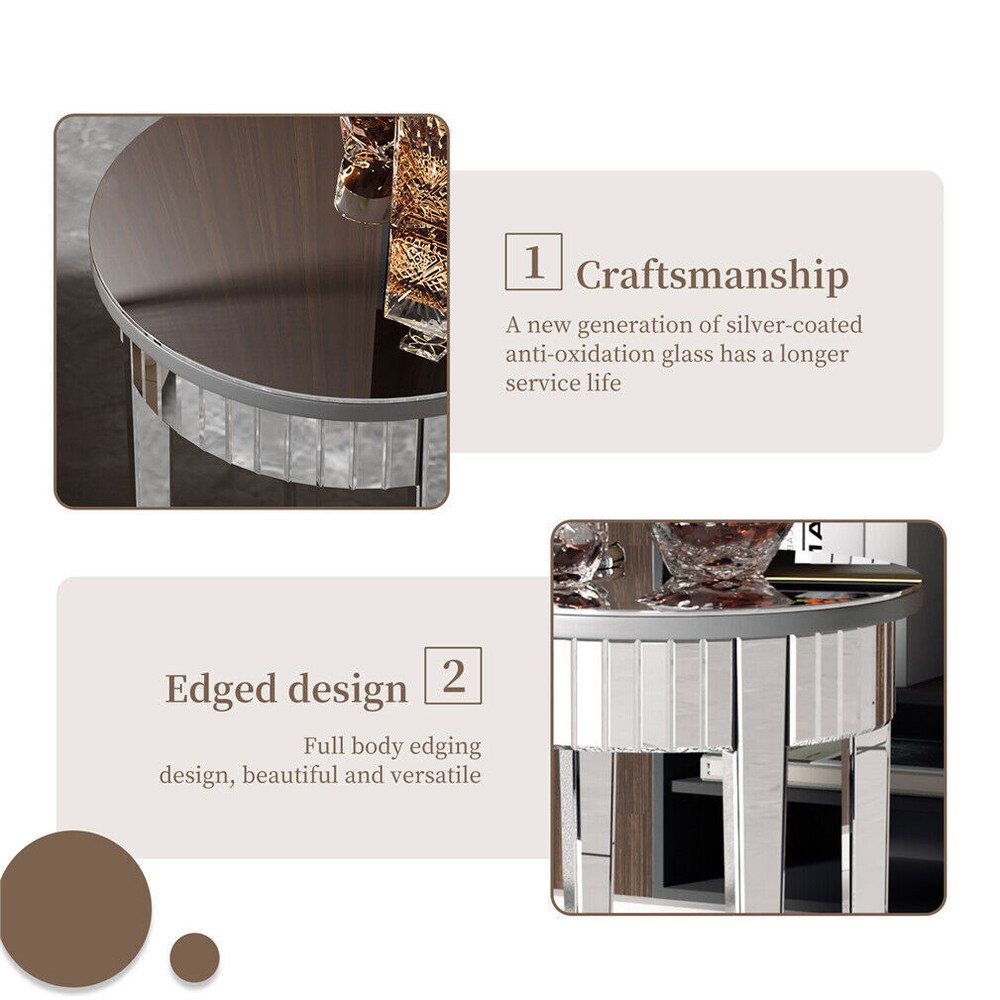 Round Venetian Mirrored Side Table Sofa Bedside Coffee Table Storage Wood Frame