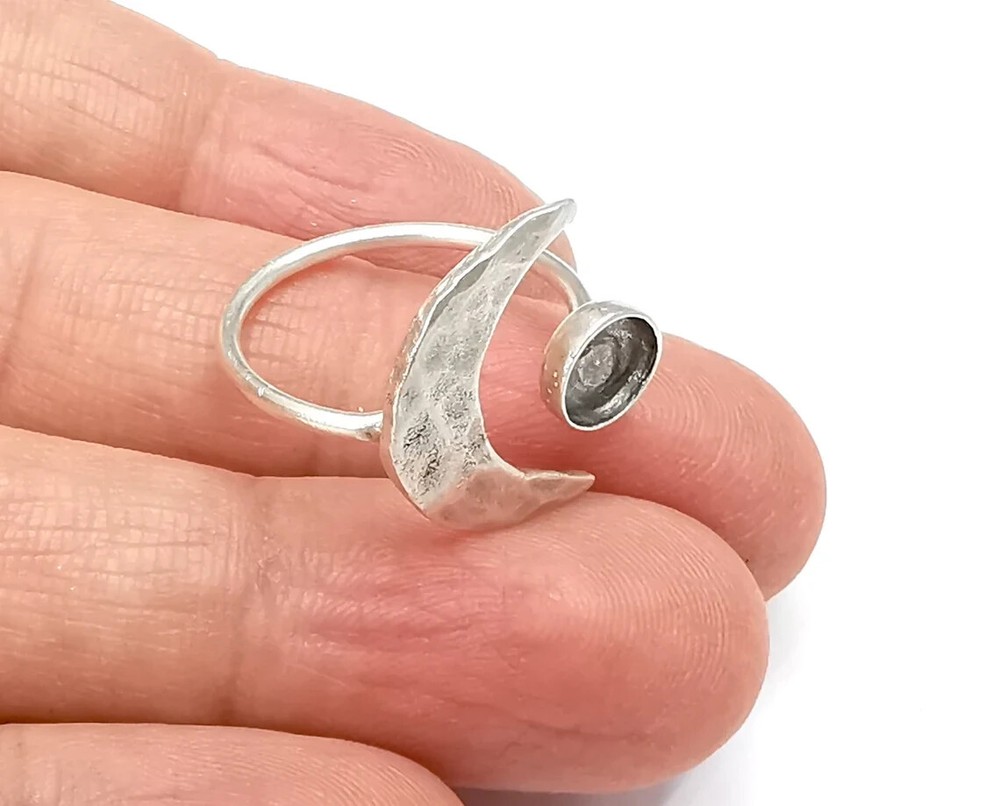 Crescent Moon Silver Ring Blank Base Bezel Settings Cabochon Base Mountings