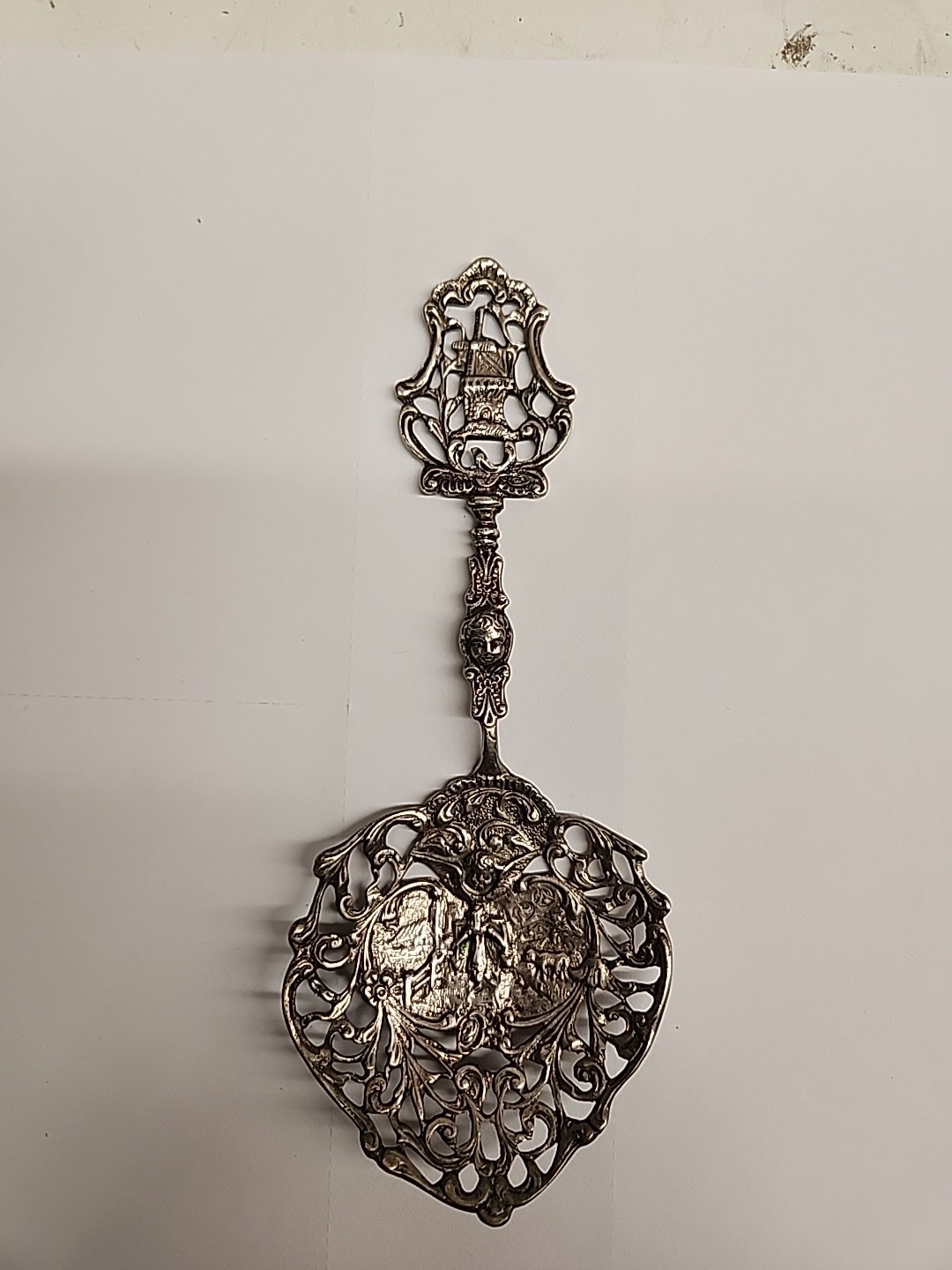 Antique Dutch Silver Tea Strainer / Spoon - Windmill & Ship Finial - 30.74g , 6"