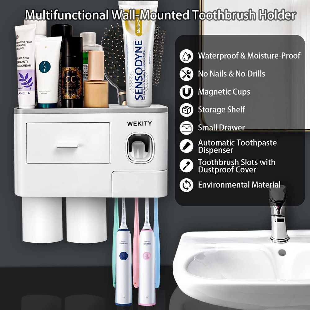 Multifunctional Wallmounted Toothbrush Holder Automatic Toothpaste Dispenser Spa