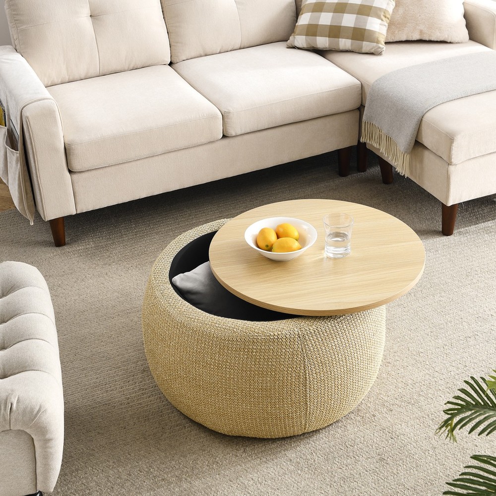 Round Storage Ottoman 2 in 1 Function Work as End Table Natural