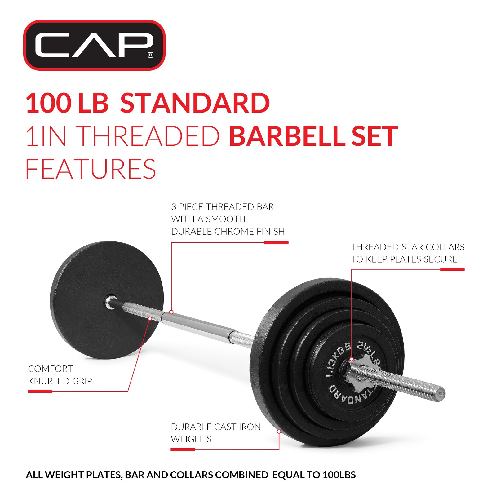 100Lb Standard Cast Iron Weight Set with 3-Pc Bar