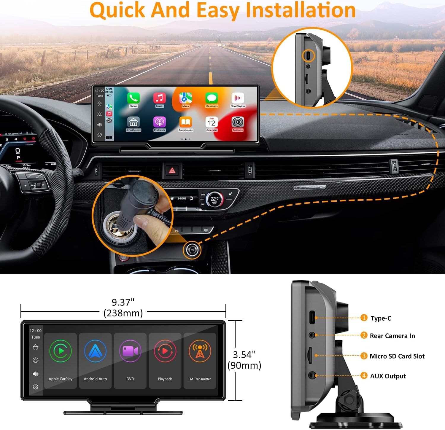 Portable Wireless Carplay Car Stereo with 2.5K Dash Cam-9.3" HD,1080p Backup Cam
