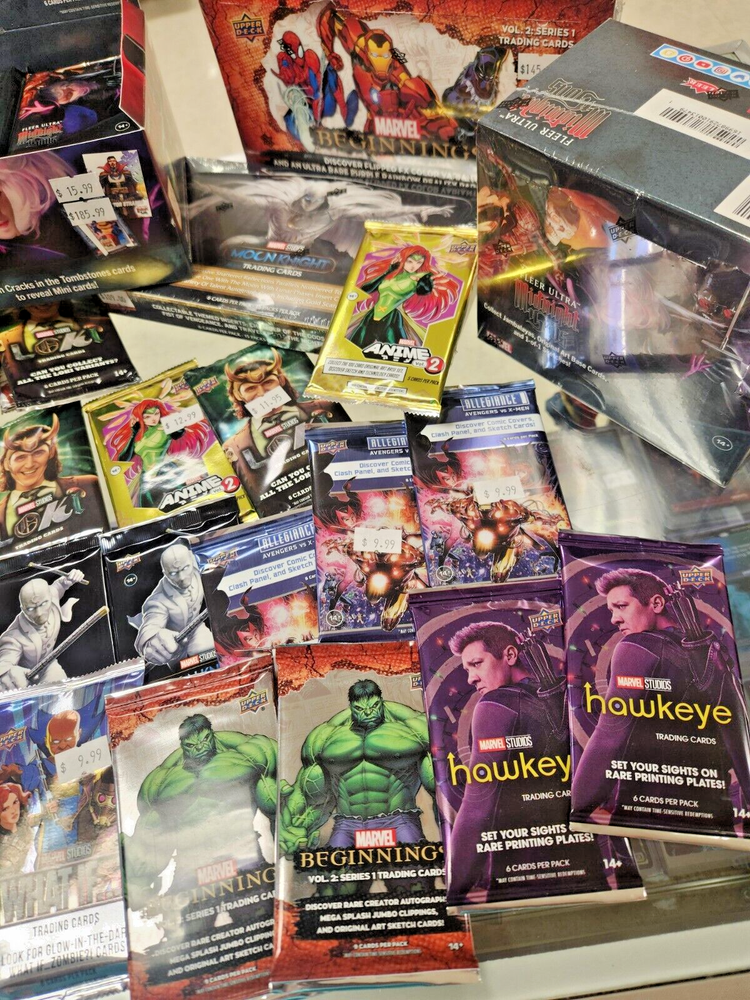 Huge Marvel Comic Card Collection W/ 1 Sealed Booster Pack, Autos, Inserts More!