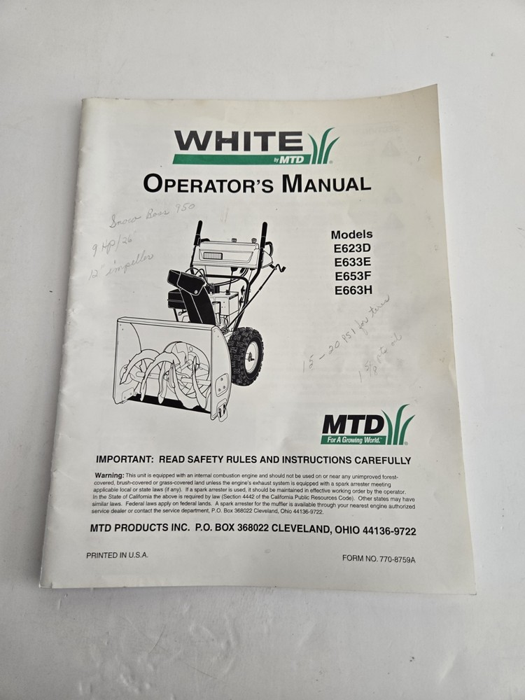 White By MTD Models E623D, E633E, E653F, E663H Snowblower Operator's Manual