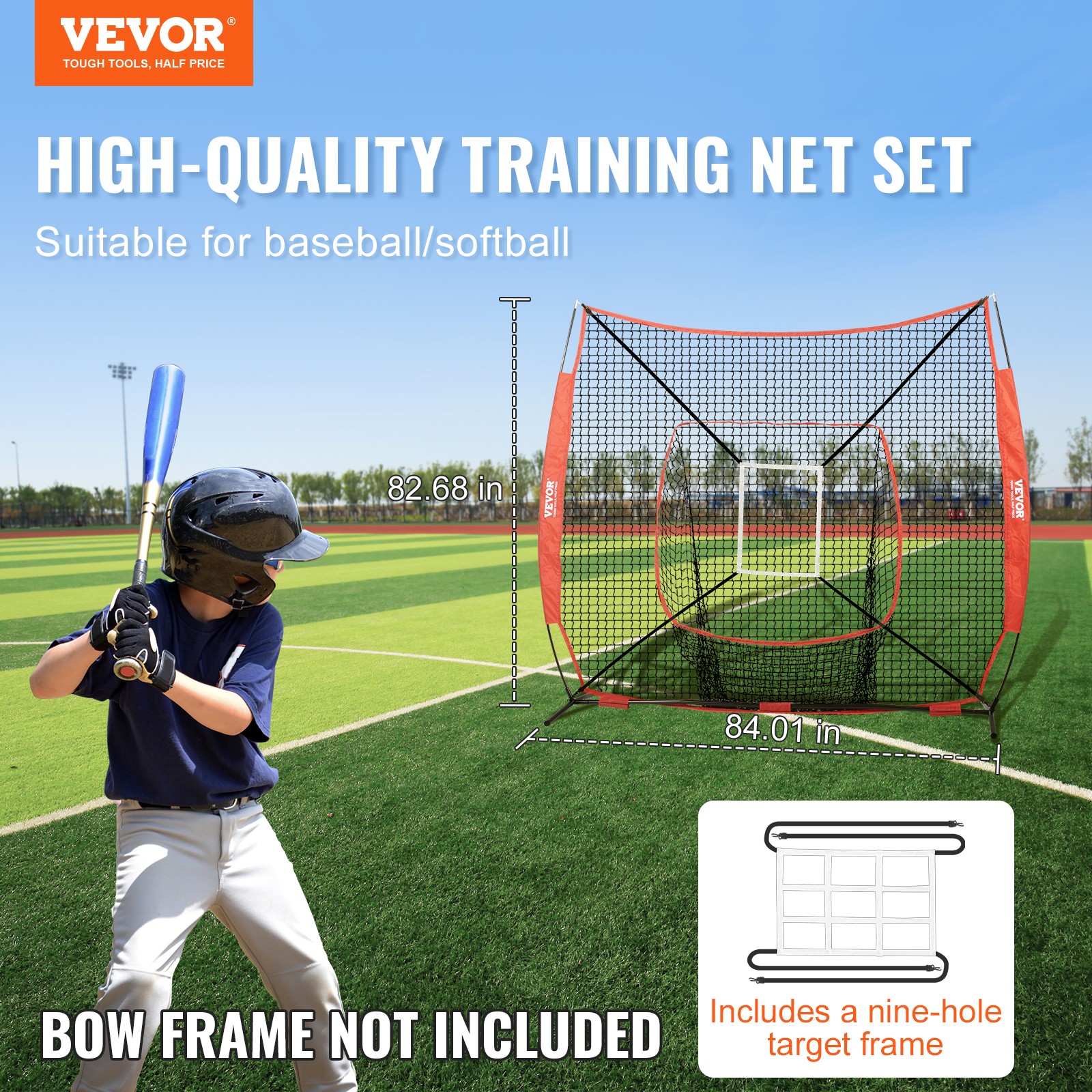 VEVOR 7x7 ft Baseball Softball Practice Net Hitting Batting Training Strike Zone