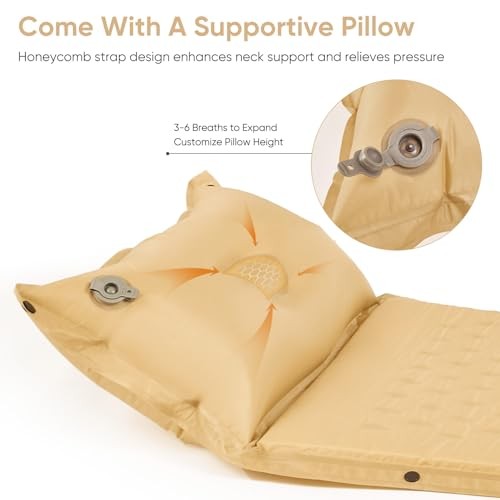Self-Inflating Sleeping Pad with Pillow, Patchwork Sleeping Pad Twin-Yellow