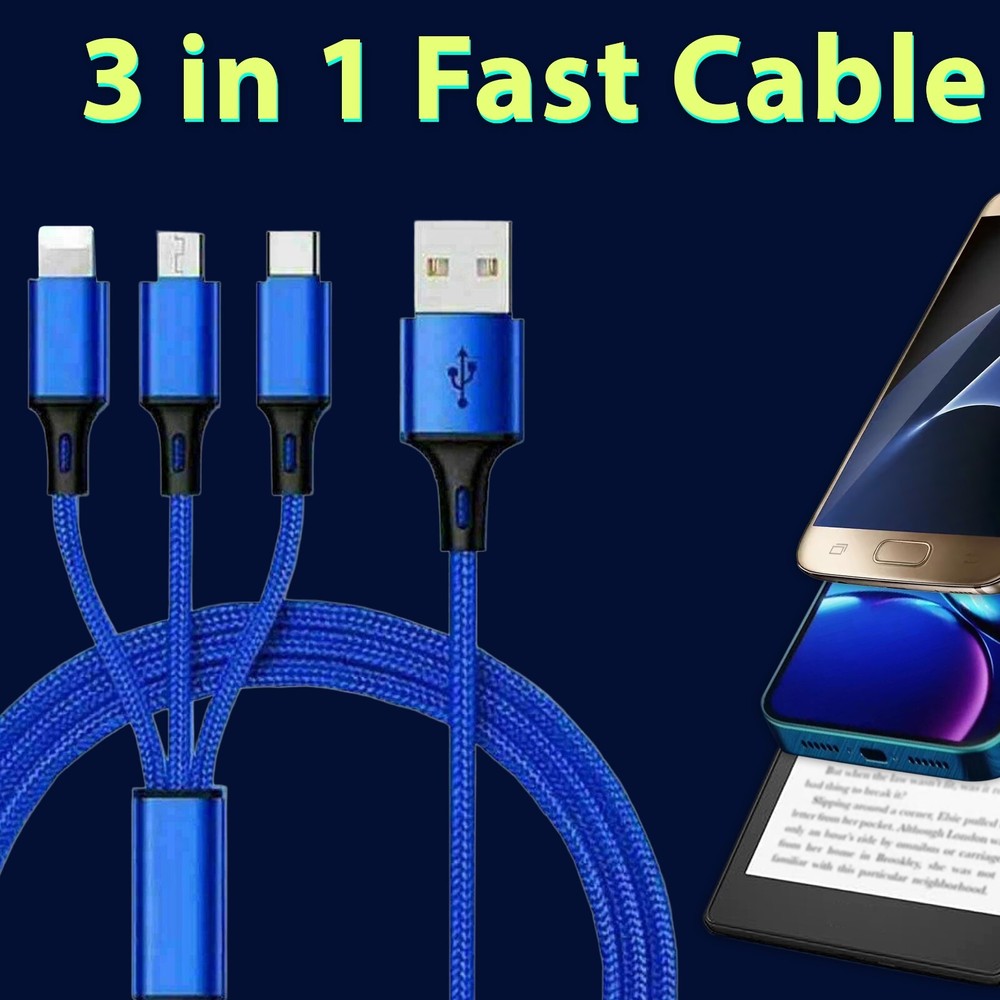 3 in 1 Fast USB Charging Cable Universal Multi Function Cell Phone Charger Cord
