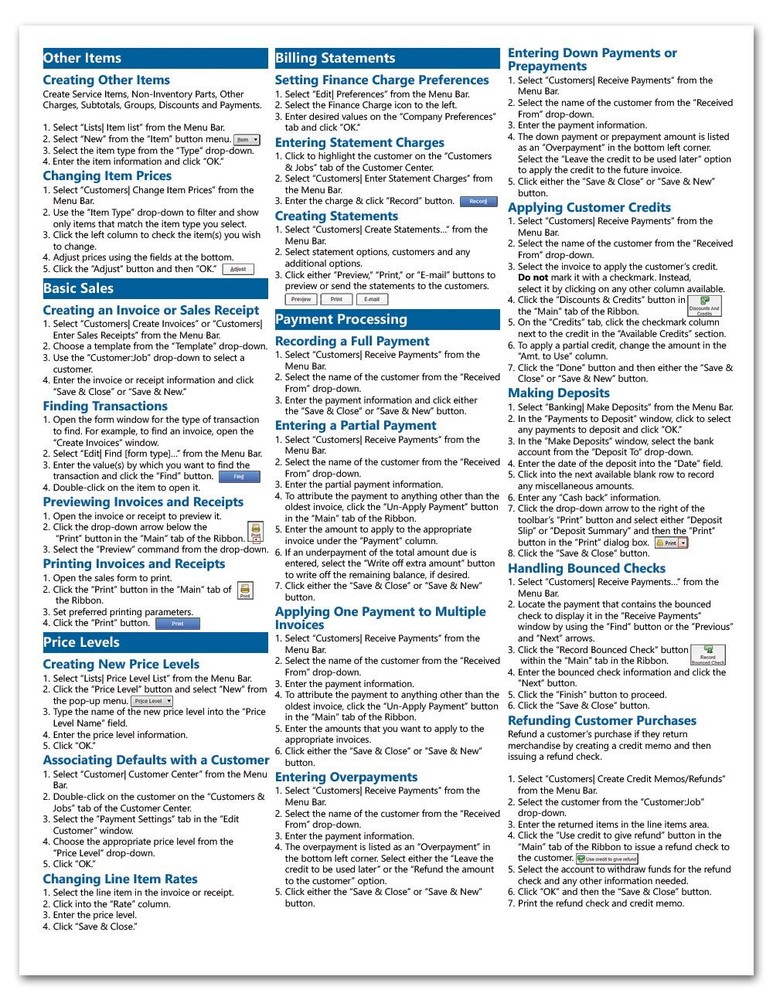QuickBooks Pro 2014 Training Guide Quick Reference Card 4 Page Cheat Sheet