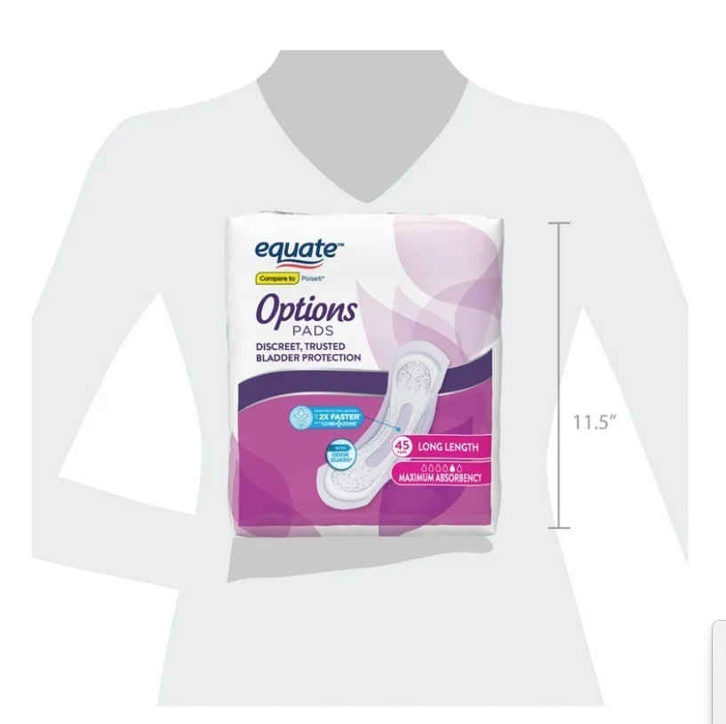 Equate Maximum Absorbency Bladder Control Pads Long Length Incontinence 45 Count