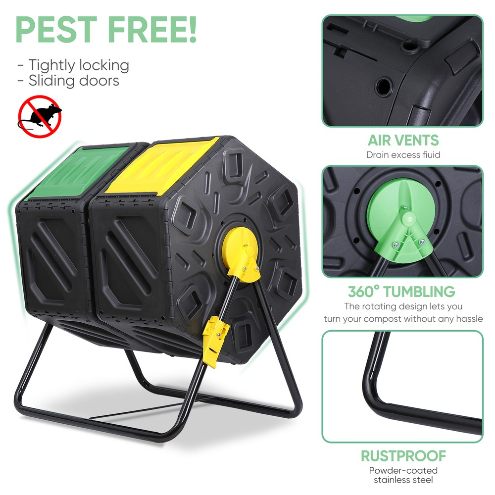 37 Gal Double Compost Bins Rotating Tumbling Composter Remixing Container, Black