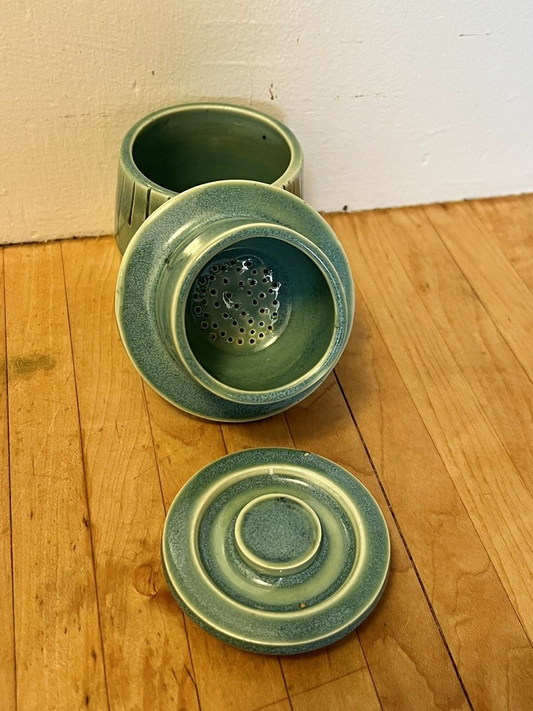 Tea Diffuser Signed Vintage Green Stoneware 5" tall 3" wide Unique Signed