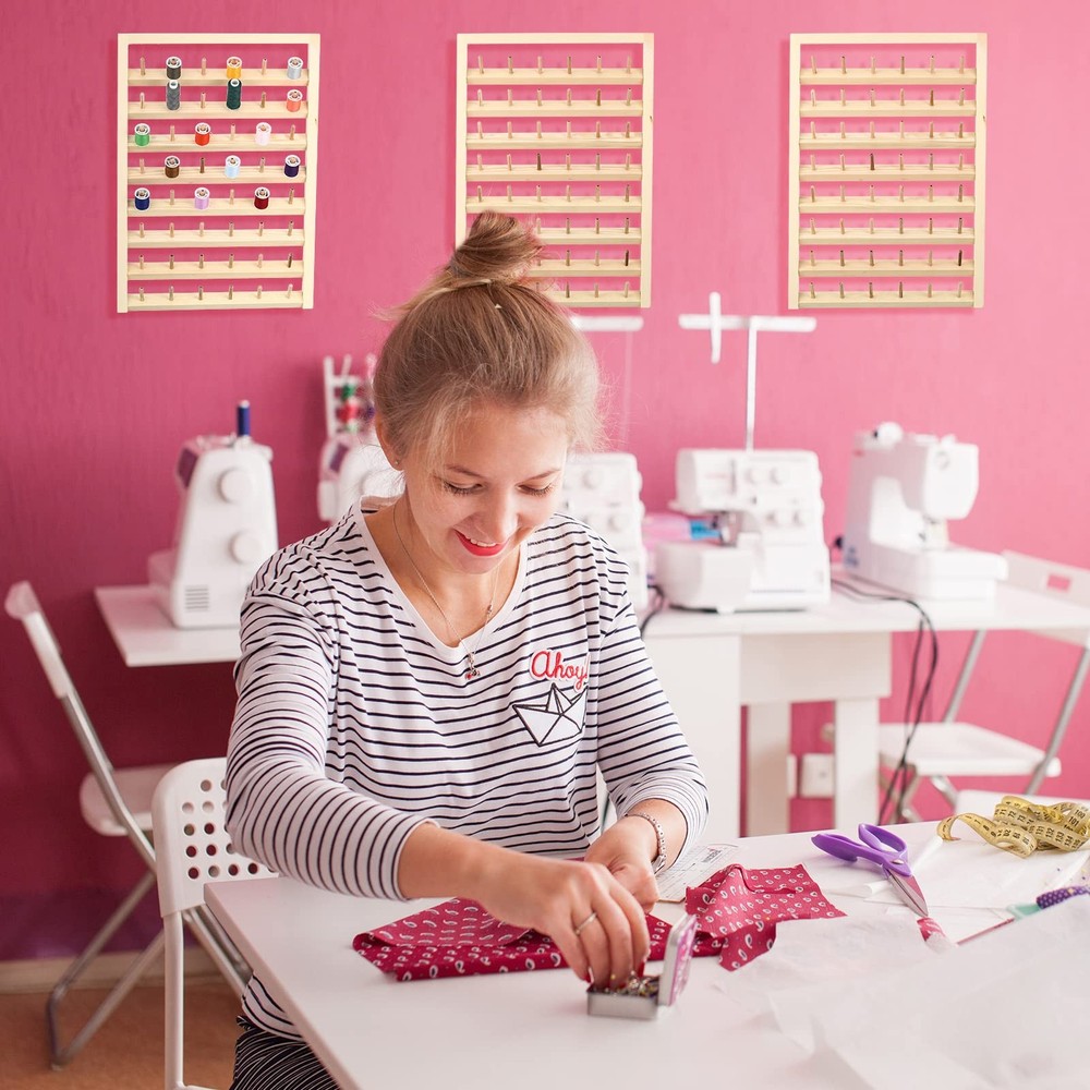 4 Pieces 48 Spool Wooden Thread Holder Wall Mounted Thread Rack with Hanging ...