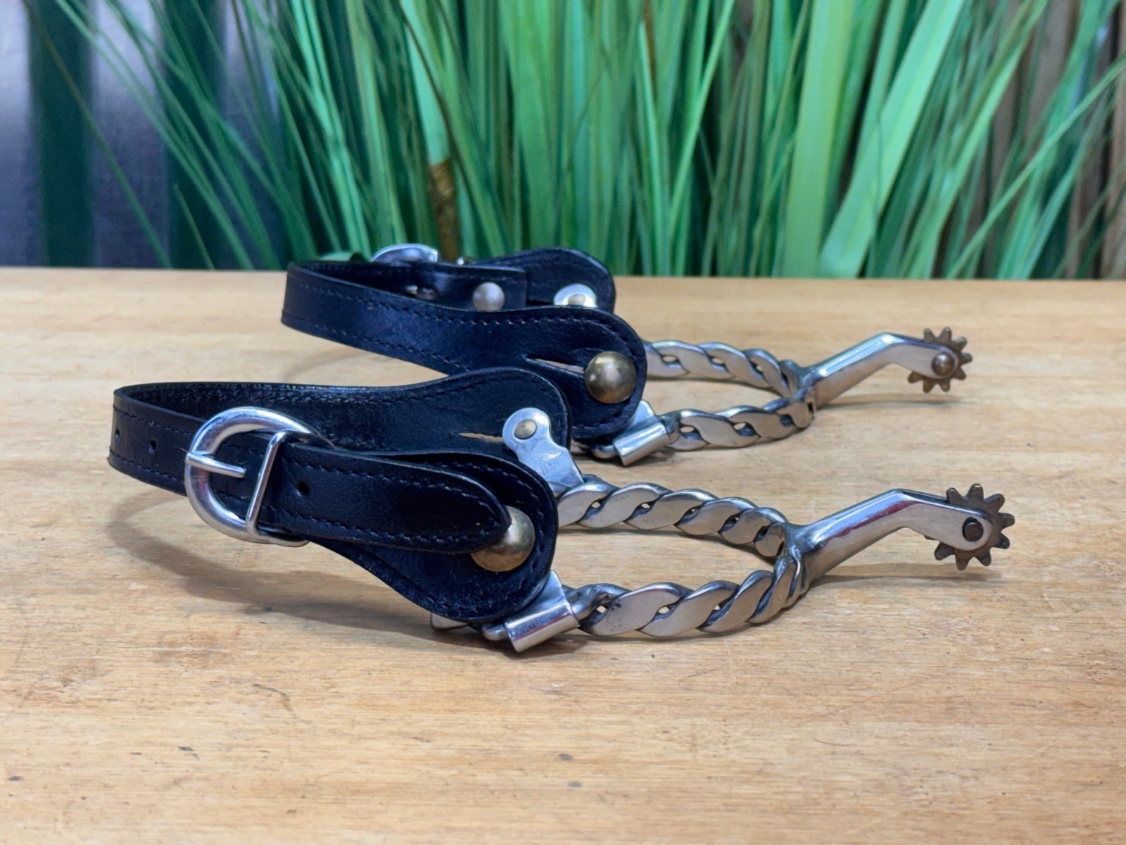 Stainless Steel Braided Western Spurs w New Black Leather Straps