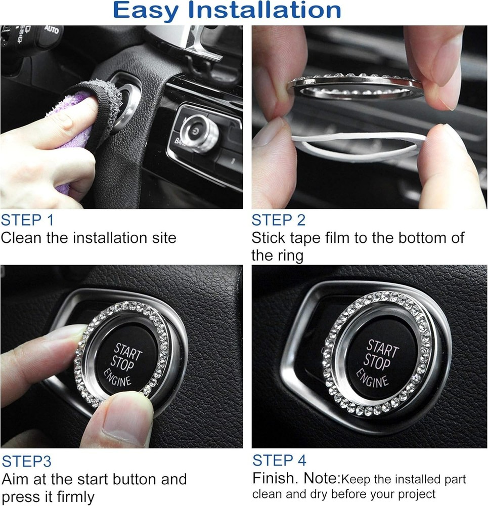 2pcs Bling Car Engine Start Button Cover Diamond Crystal Push Start Stop Butt...