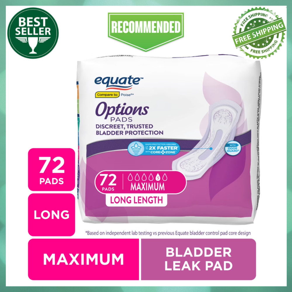 Options Women's Incontinence Pads Extra Coverage, Maximum, Long Length, 72 Count