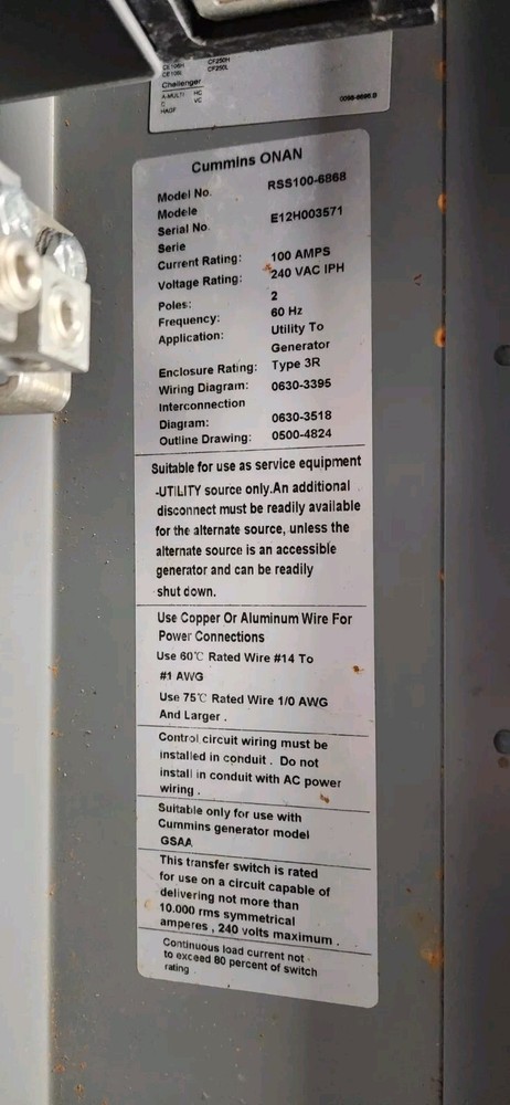 Cummins Onan RSS100-6868 100A 240VAC 1PH 2P Automatic Transfer Switch