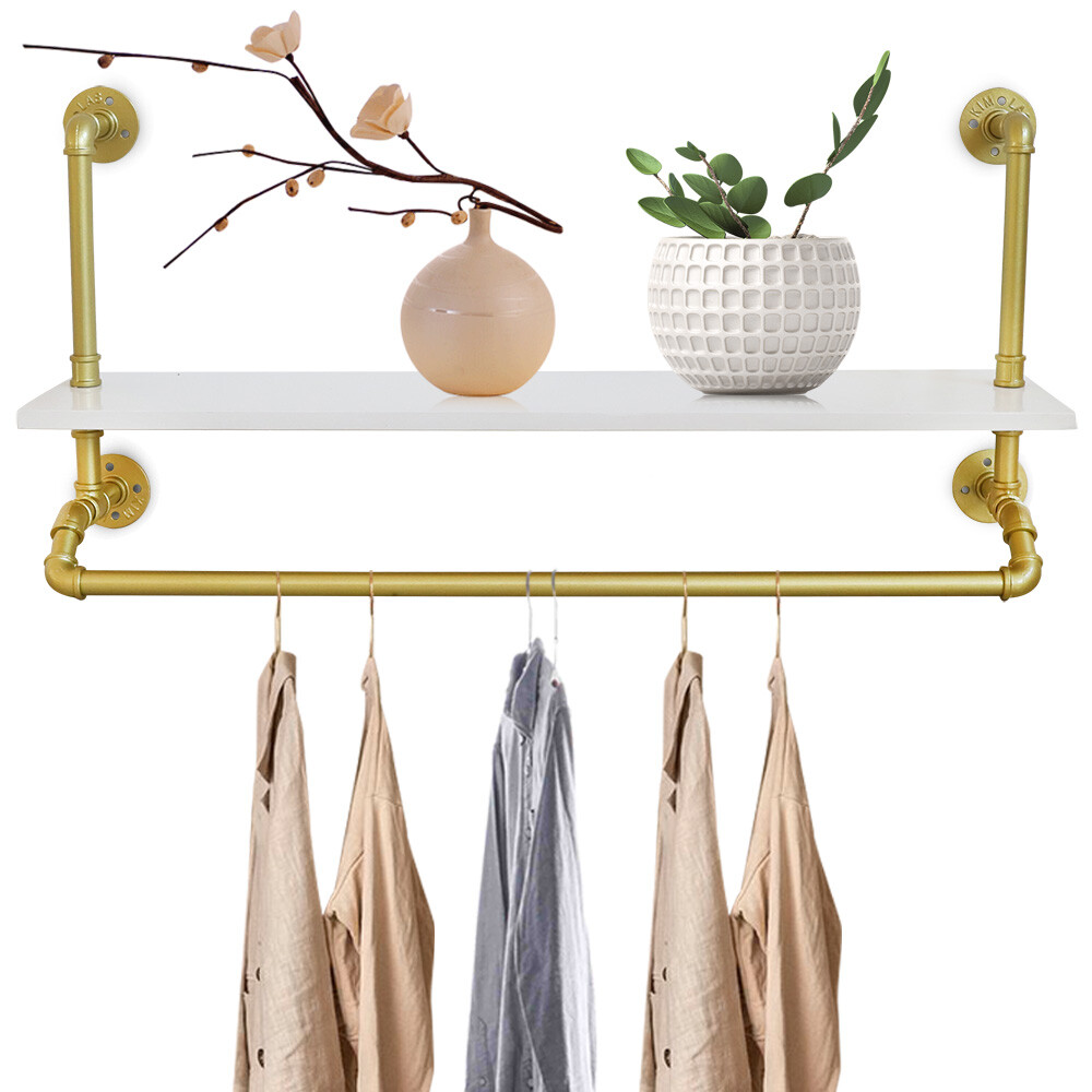 Wall Mounted Garment Rack Heavy Duty Pipe Clothes Rail w/ Open Shelf Space-Save