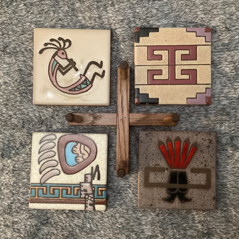 Hand Painted Southwest Native American Art Tile Coaster Set With Holder