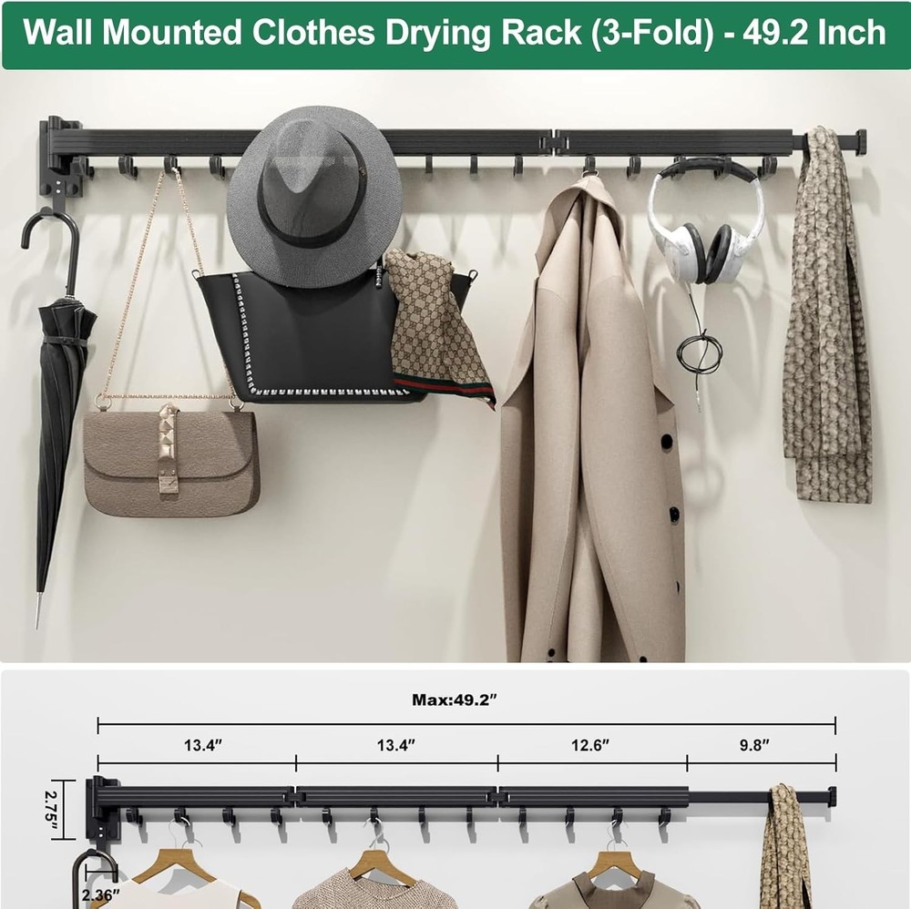 Upgraded Wall-Mounted Drying Rack - Foldable Space-Saving Solution with 12 Hooks