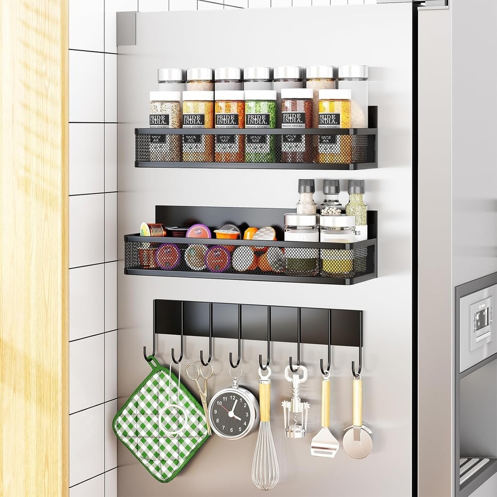Multi-Use Magnetic Spice Rack with 8 Hooks - Perfect for Refrigerator Storage