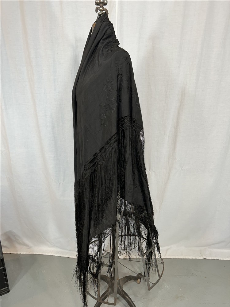 antique silk shawl embroidered black large 62 x 62 fringe 13 in. original 1800