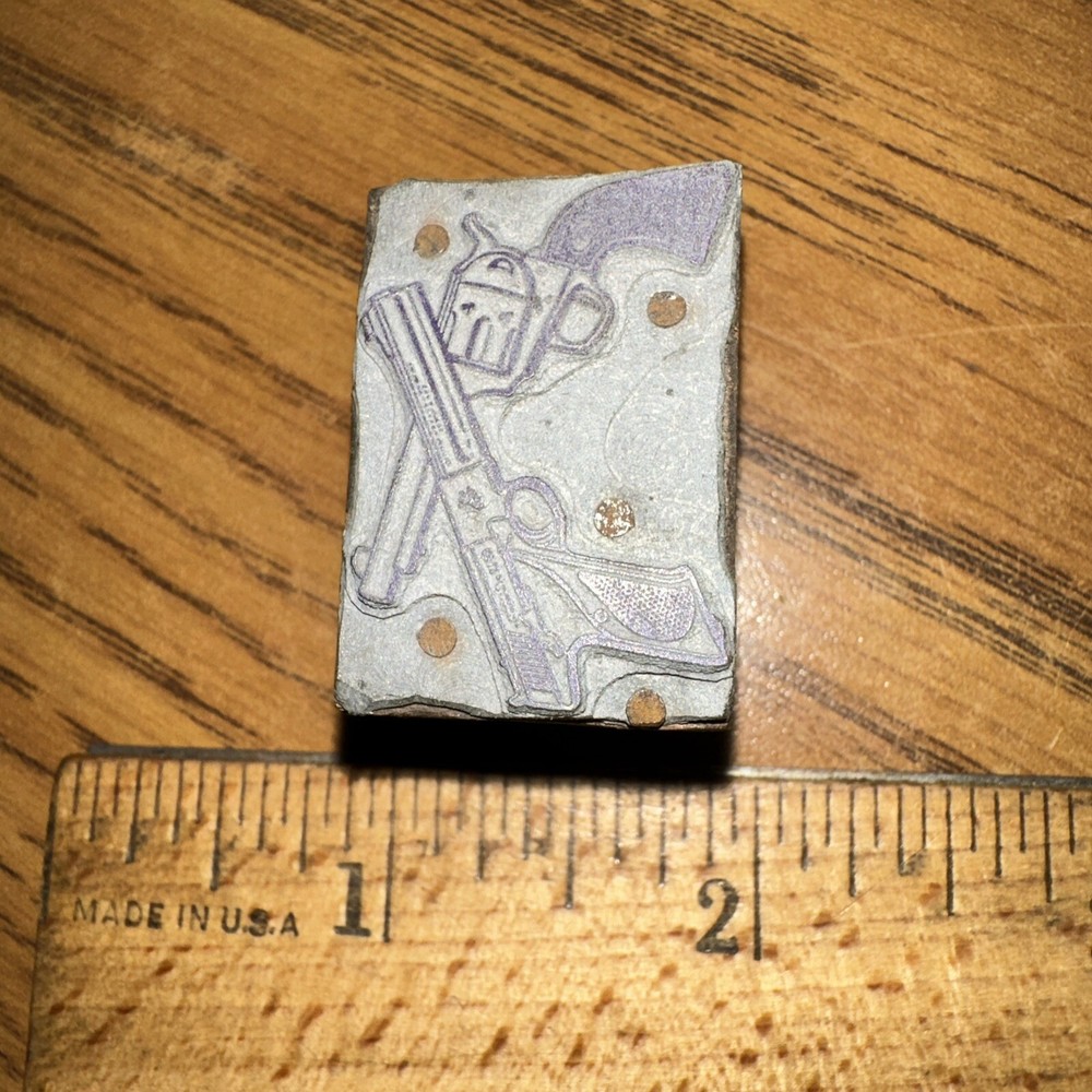 Print Block “ 2 Old Handguns “ Nice Image & Lines!