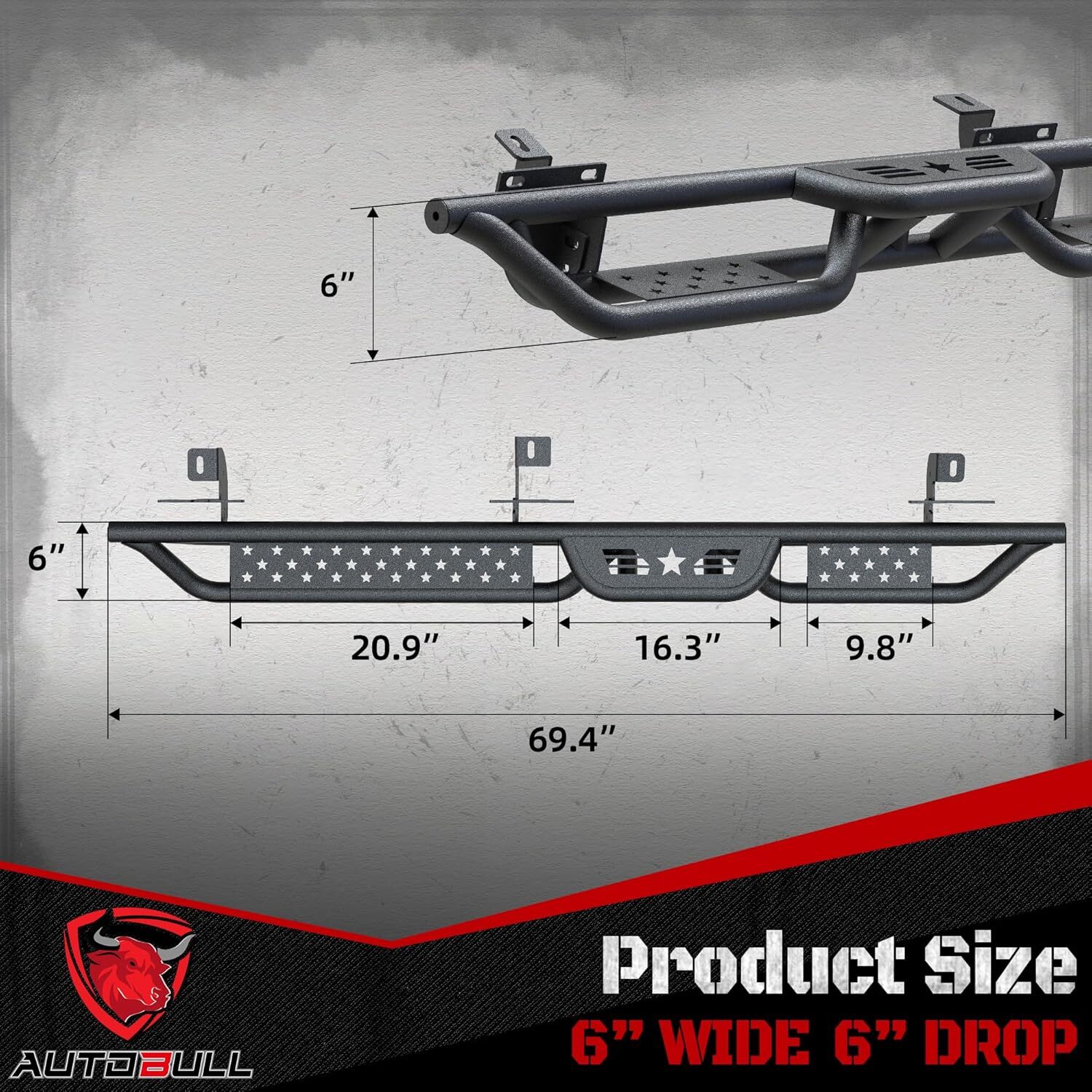 6" Drop Running Boards for 2007-2018 Jeep Wrangler JK 4 Door Side Step Nerf Bars