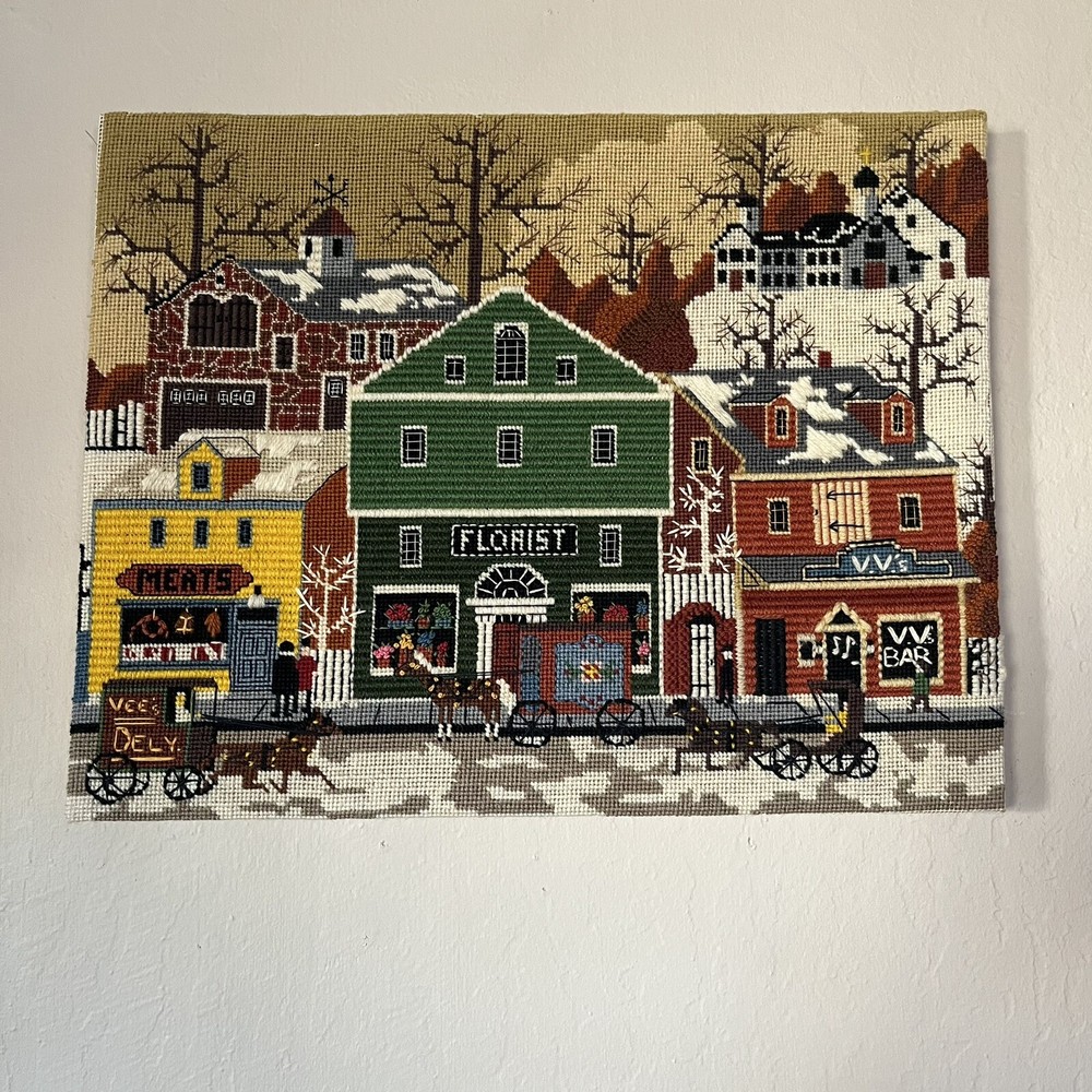 Vintage 1984 Main Street Storefront Needlepoint Handmade Cross Stitch Completed