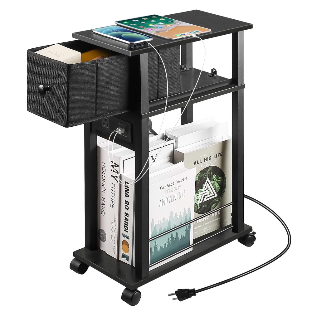 Narrow Side Table (1PC) - Black End Table with Overload Protection, Charging ...