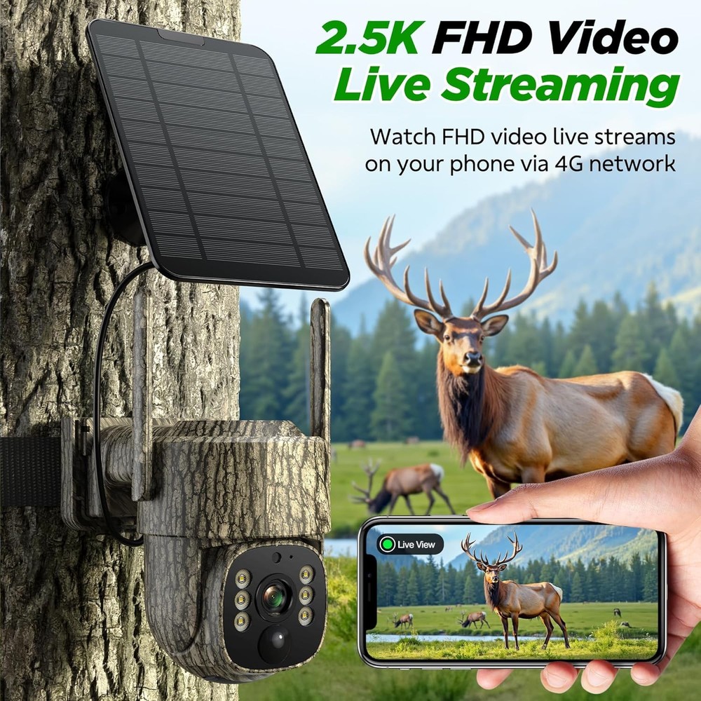 4G LTE Cellular Trail Camera with Solar Panel 2.5K Smart Security Cam Auto Track