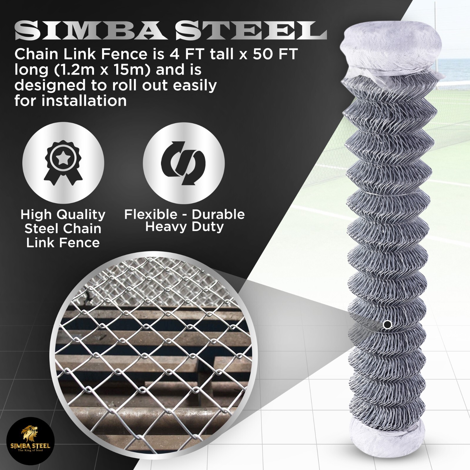 Galvanized Steel 4 X 50 FT Roll Chain Link Fence Fabric 11.5 GA Heavy Duty SIMBA
