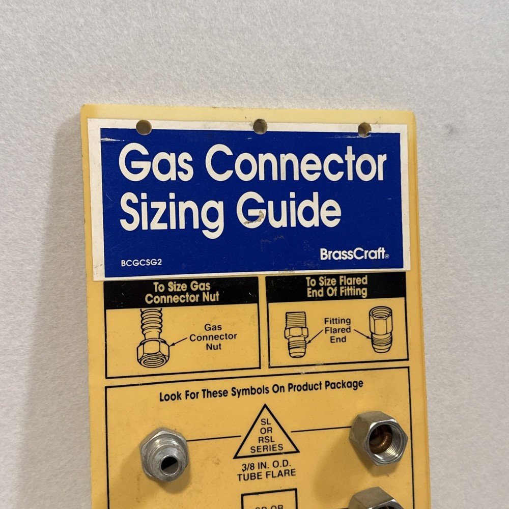 Brass Craft Gas Connector Sizing Guide Tool Board display Size Thread samples