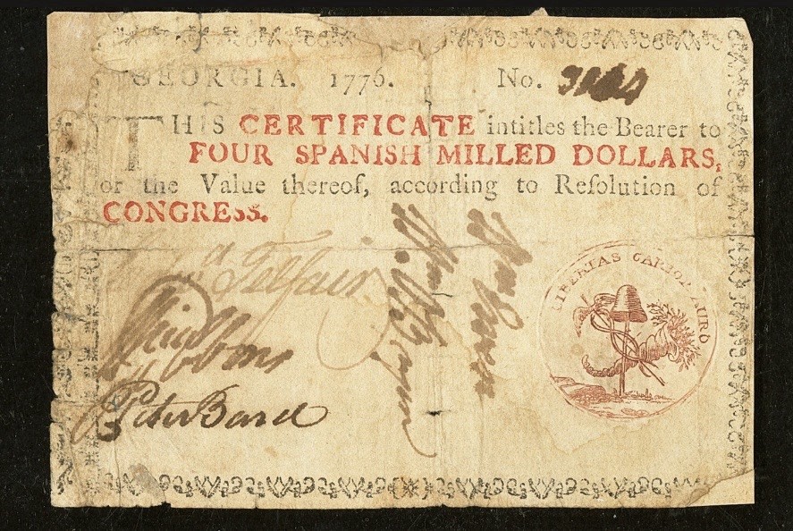1776 GEORGIA American Revolution $4 Rare Colonial Currency Bank Note GA-75b, PMG