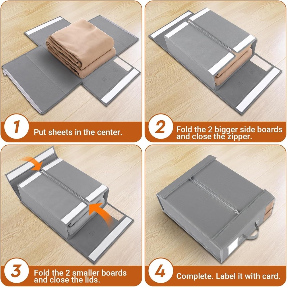 4-Pack Foldable Bed Sheet Organizers with Window & Labels - Elegant Gray