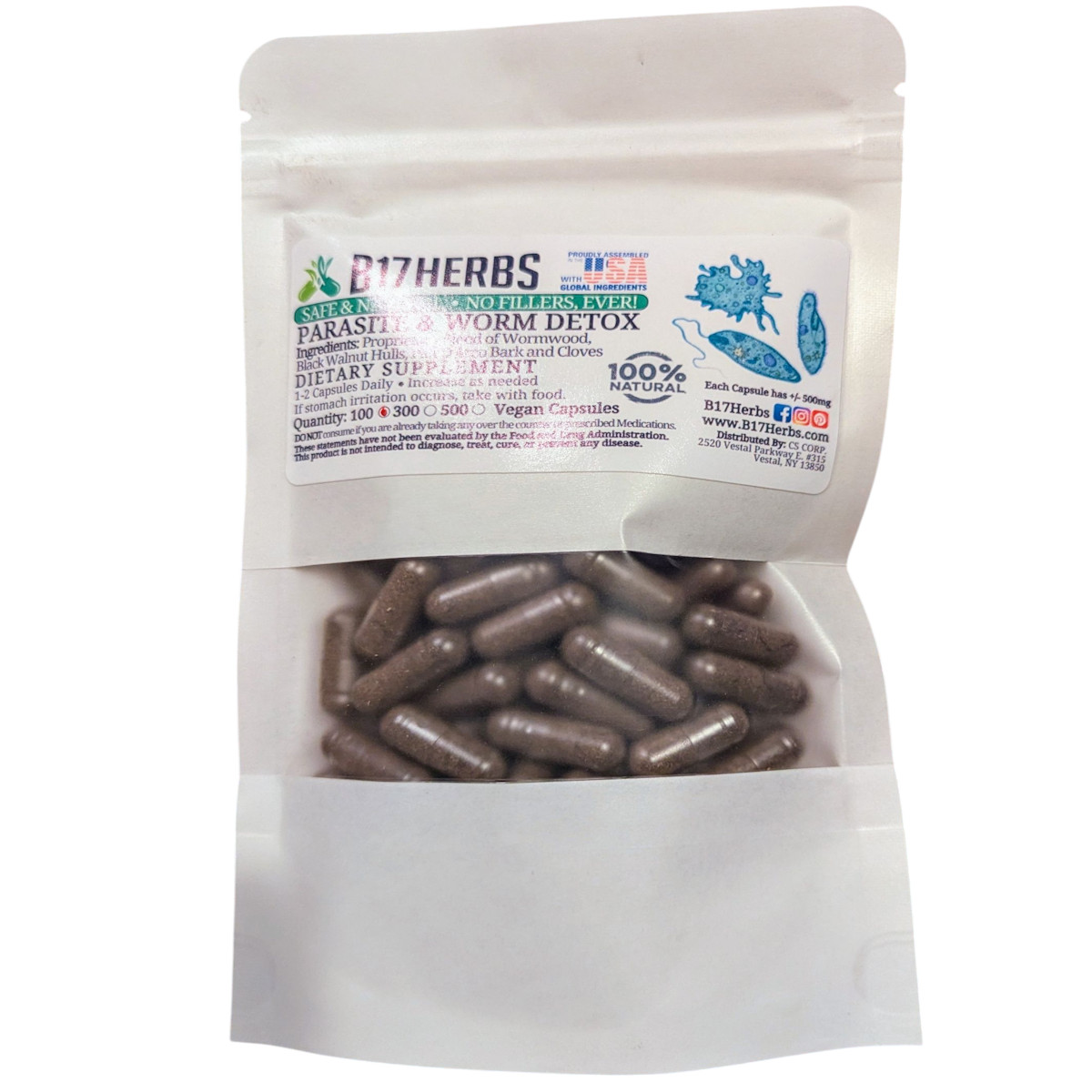 Worm & Parasite Cleanse, Black Walnut, Wormwood, Pau D'Arco, Clove - 100 VegCaps