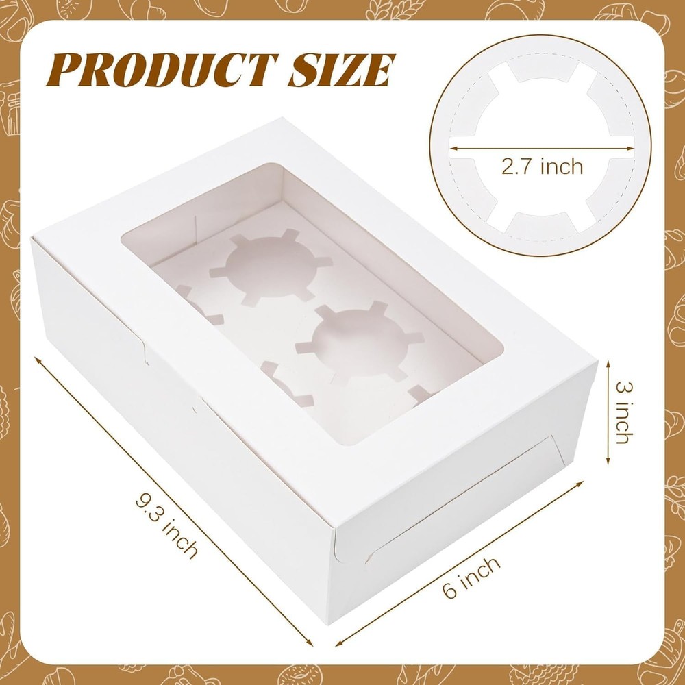 6 Pack Cupcake Boxes with Inserts 6 Holders, White Standard Bakery Boxes with Wi