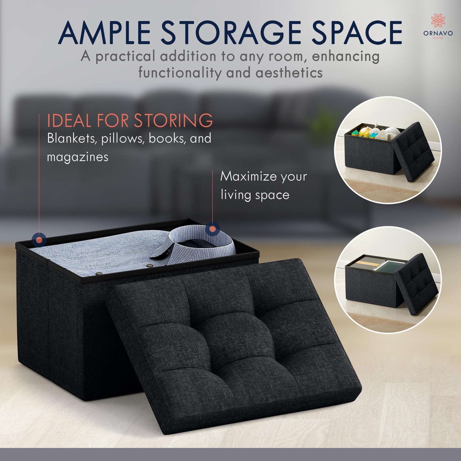 Small Storage Ottoman Foldable Collapsible Rectangle Linen Ottoman Foot Rest ...