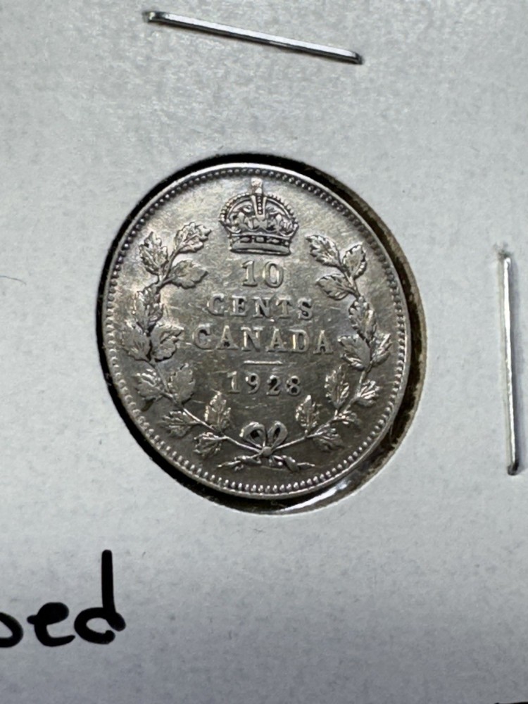 1928 Canada 10 Cents Silver Coin Cleaned
