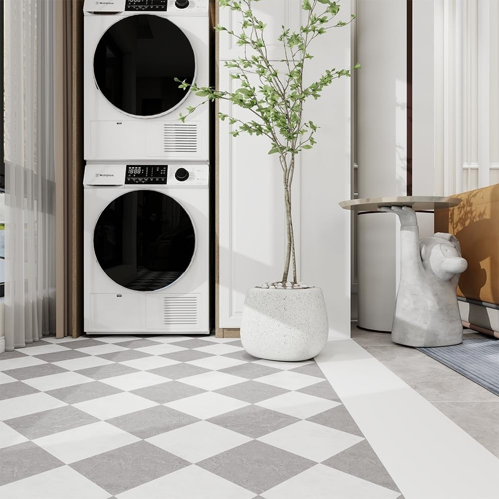 Peel and Stick Floor Tile, Grey Checkered Pattern Continuous Vinyl Roll Floor...